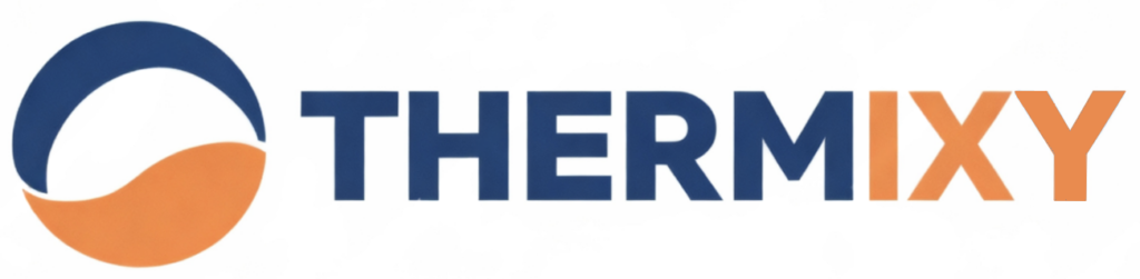 image du logo de l'entreprise Thermixy qui représente dans un cercle la chaleur et la fraicheur un arc bleu, une zone orange avec le nom